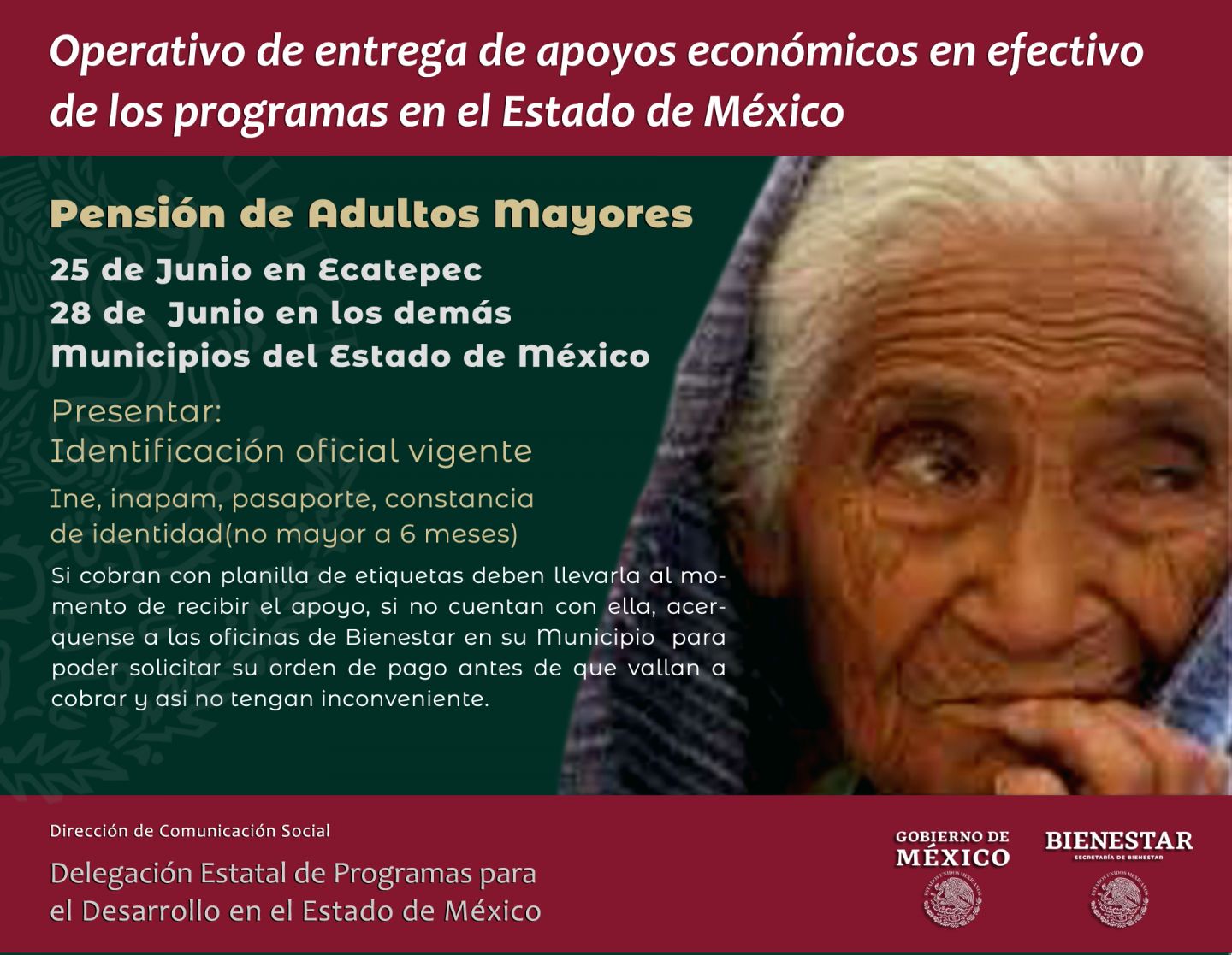 El Operativo de entrega de apoyos económicos en efectivo de los programas en el Estado de México comienza el 25 de junio 2021 