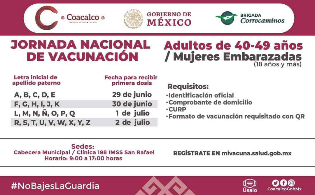Coacalco inicia este martes 29 de junio la Jornada Nacional de Vacunación para el segmento de la población de 40 a 49 años
