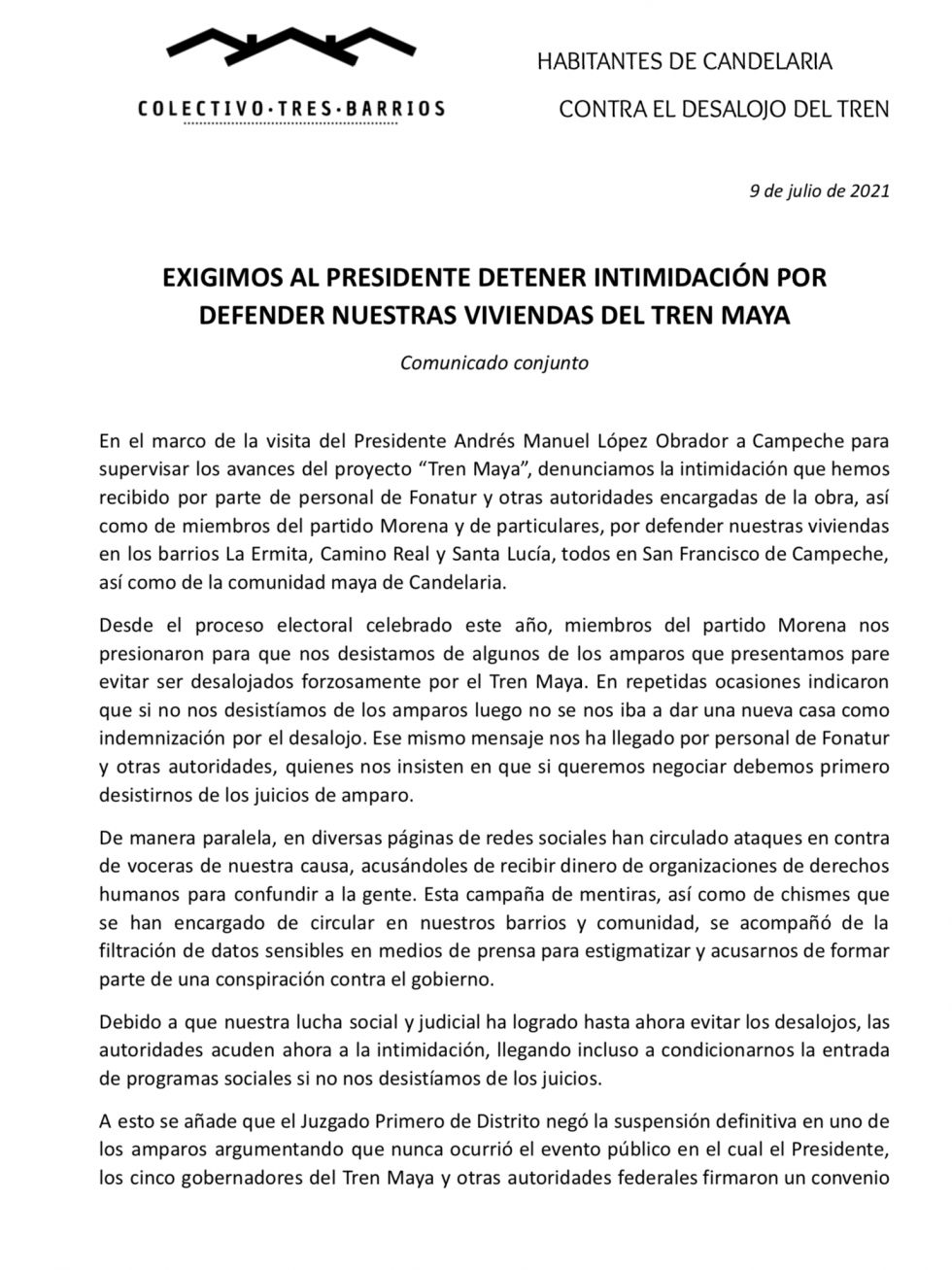 Exigimos al presidente detener intimidación por defender nuestras viviendas del Tren Maya