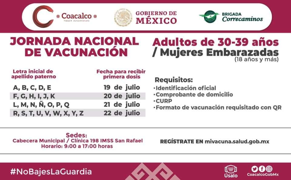 A partir del 19 de julio inicia Coacalco vacunación para población de 30-39 años