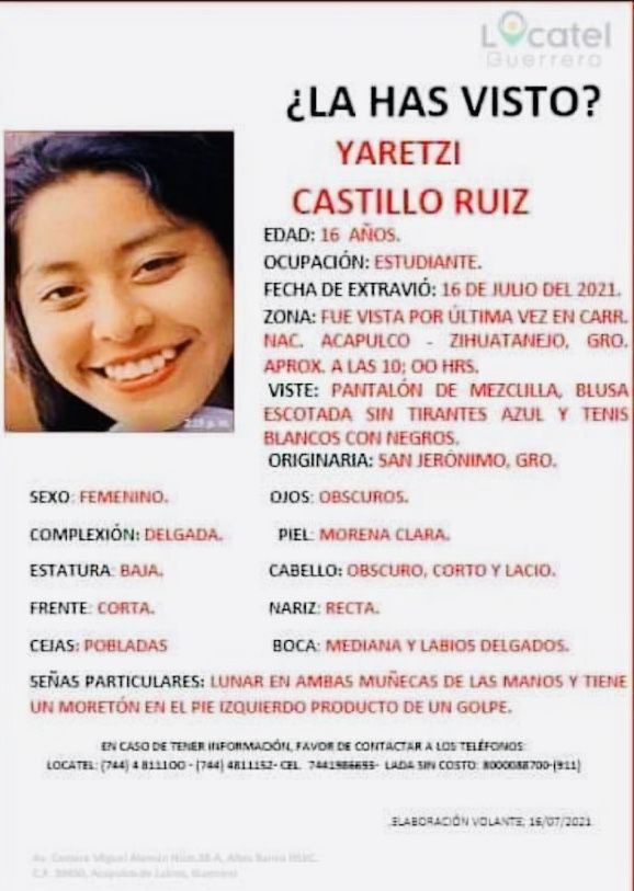 Buscan a adolescente extraviada en San Jerónimo, Guerrero 