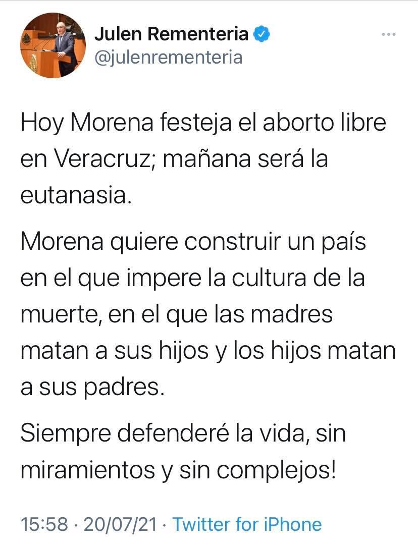 Hoy MORENA festeja el aborto libre en Veracruz, mañana será la eutanasia:Julen Rementería 