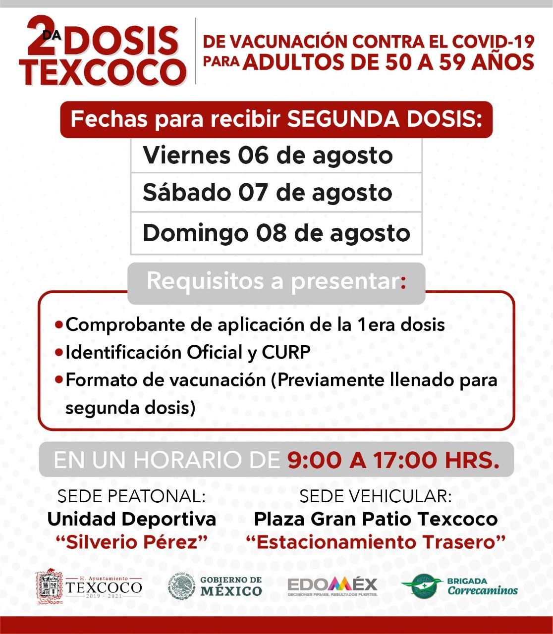 Del 6 al 8 de agosto se aplicará en Texcoco únicamente la segunda dosis de vacuna contra la Covid-19 a adultos de 50 a 59 años
