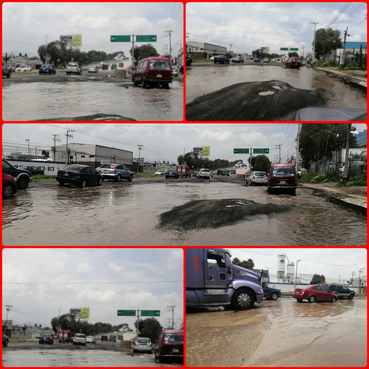 Urge que arreglen la carretera Texcoco Ecatepec a la altura de Totolcingo :encharcada y larga filas de autos. 