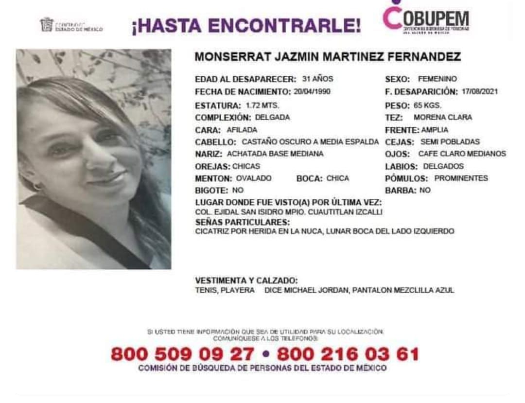 Se solicita el apoyo para localizar a Monserrat Jazmín Martínez Fernández