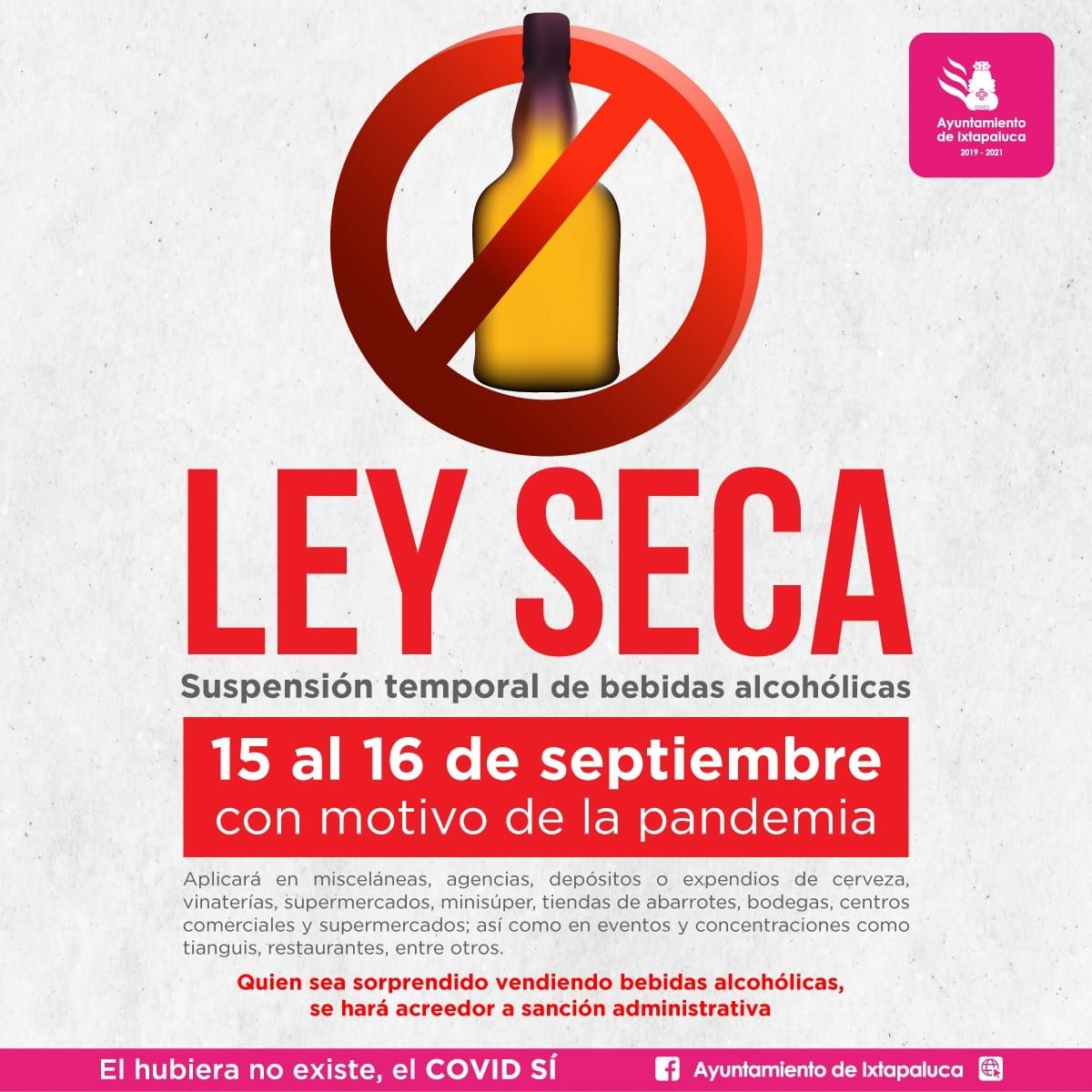#En Ixtapaluca 15 y 16 de septiembre ley seca por festejos patrios