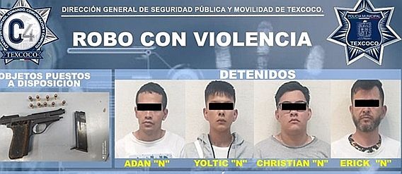 Policías de Texcoco aseguran a cuatro presuntos responsables de asalto a transeúnte
