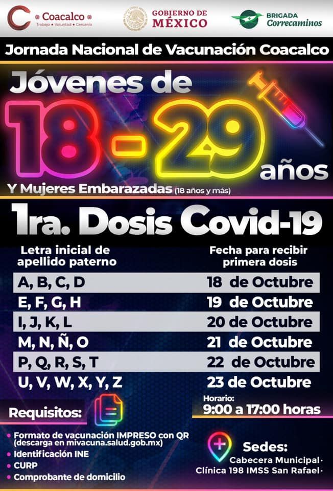 En Coacalco, comienza el 18 de octubre vacunación para población de 18-29 años