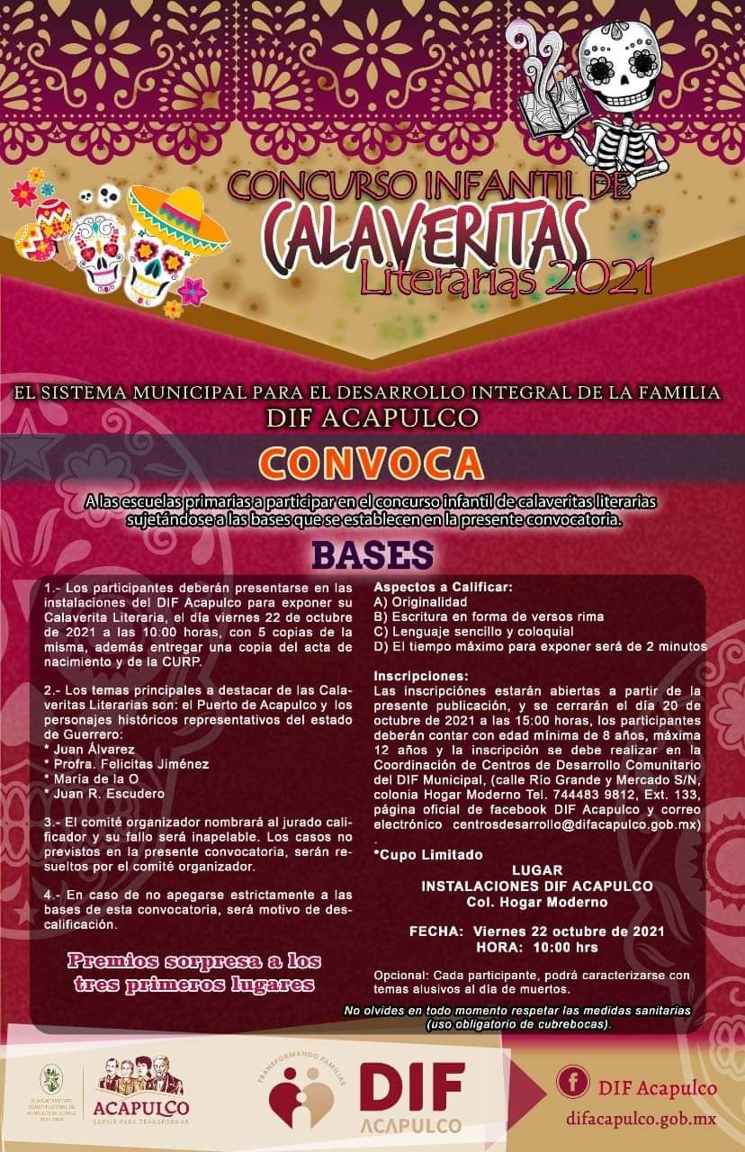 Convoca DIF Municipal al Concurso Infantil de Calaveritas Literarias 2021
