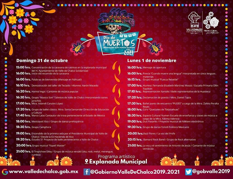 Valle de Chalco anuncia programa artístico con motivo
del Día de Muertos ;’Memorias que Nunca Mueren Xico 2021’.