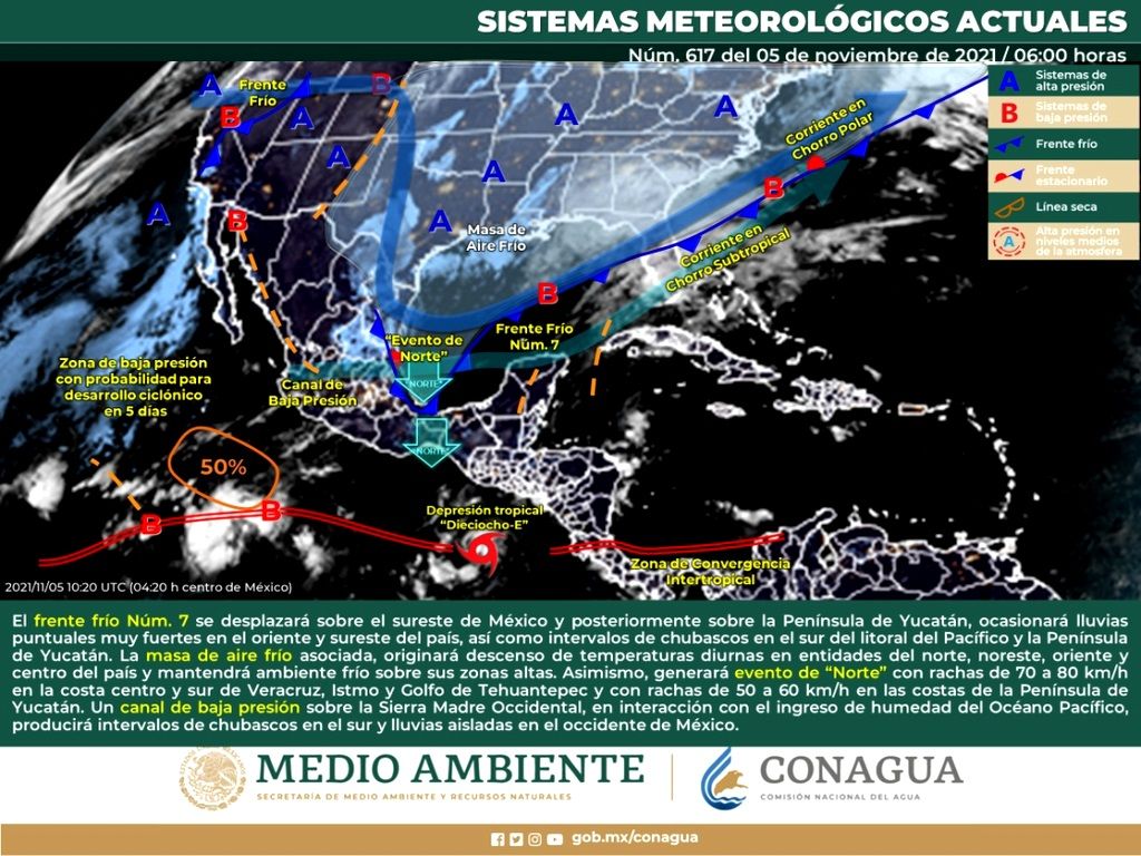 El frente frío número 7 ocasionará lluvias muy fuertes en Veracruz, Tabasco, Oaxaca y Chiapas
