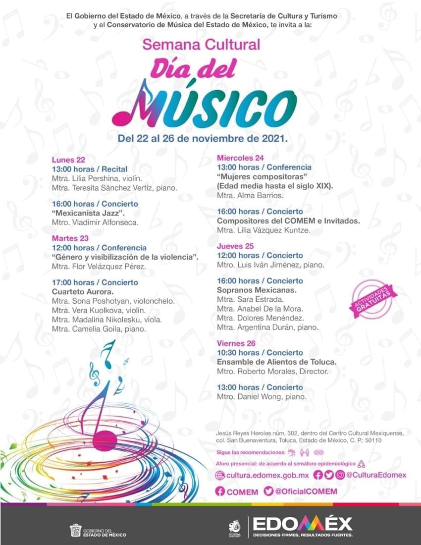Invita Conservatorio de Música del Estado de México
a su Semana Cultural en el marco del ’Día del Músico’.