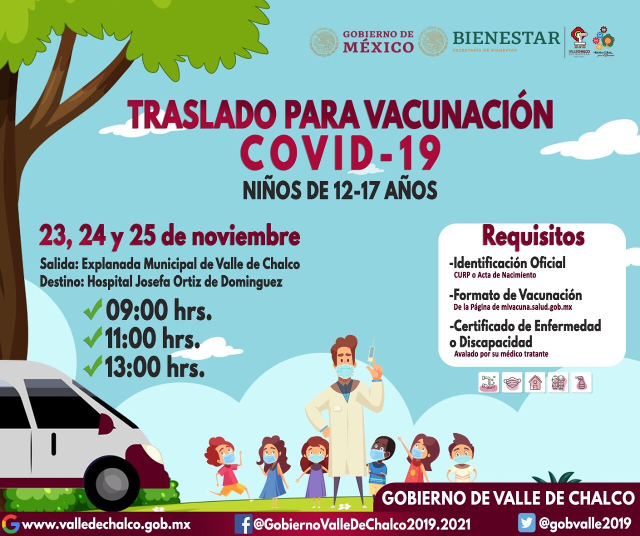 El Gobierno de valle de Chalco brinda transporte gratuito a menores de 12 años que se aplicarán la vacuna contra Covid-19