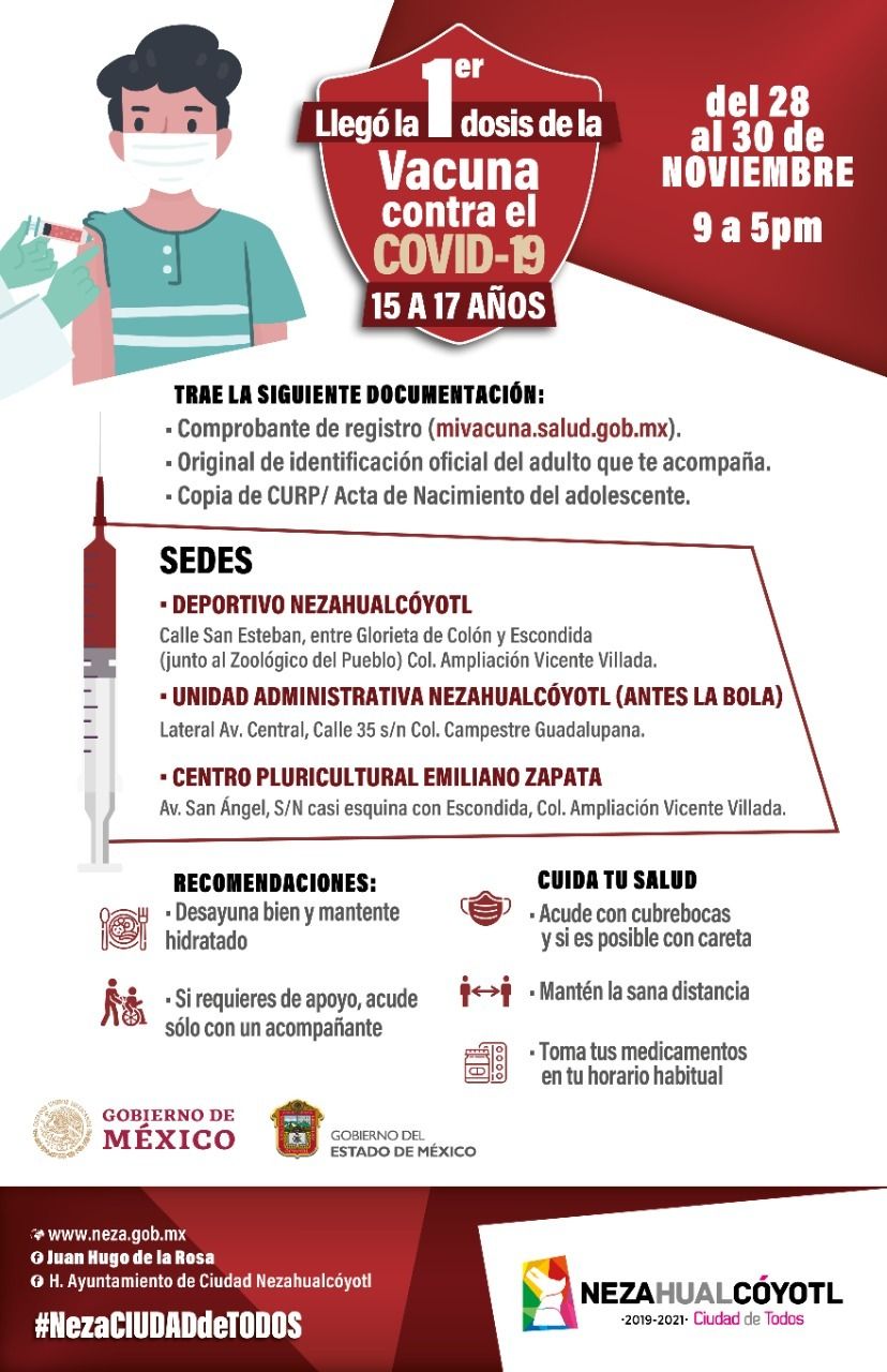 #Del 28 al 30 de noviembre vacunarán a los de 15 a 19 años en Nezahualcóyotl: Juan Hugo de la Rosa 