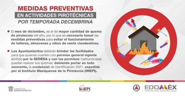 Pide GEM a municipios realizar actividades pirotécnicas de diciembre con la Supervisión de PC