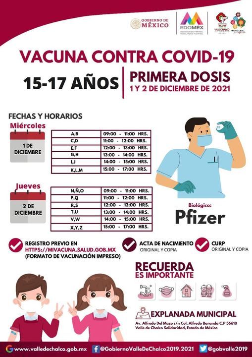 Valle de Chalco Inicia Mañana, 1 de diciembre, la Vacuna Contra el Covid-19 a Menores de 15 a 17 años