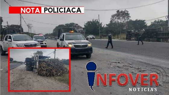 Vuelca camión con caña, en la federal Cuitláhuac-La Tinaja.

