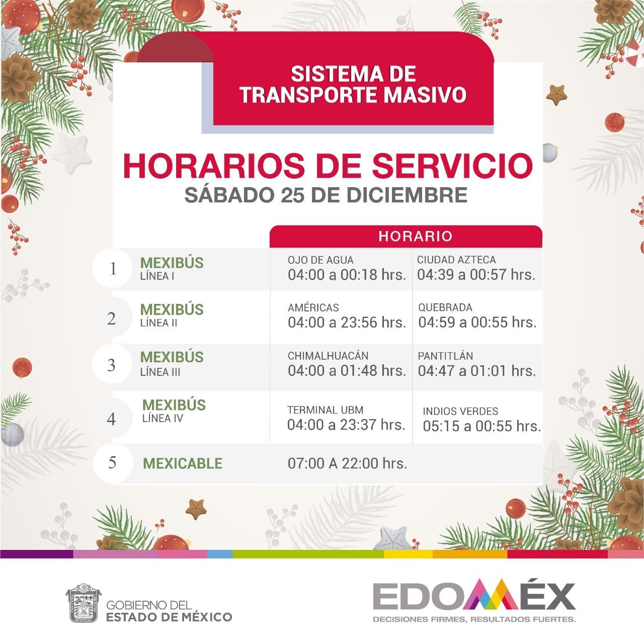 Informan que MEXIBÚS y MEXICABLE operarán con horario especial los días 24 y 25 de diciembre