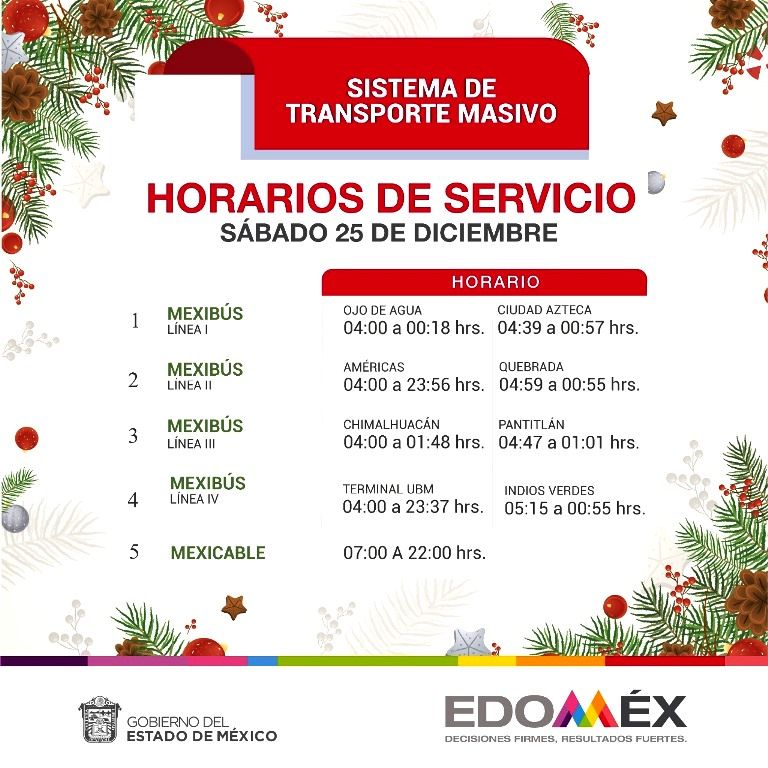 El Mexibús y Mexicable operaran con horario especial los días 25 y 25 de diciembre 