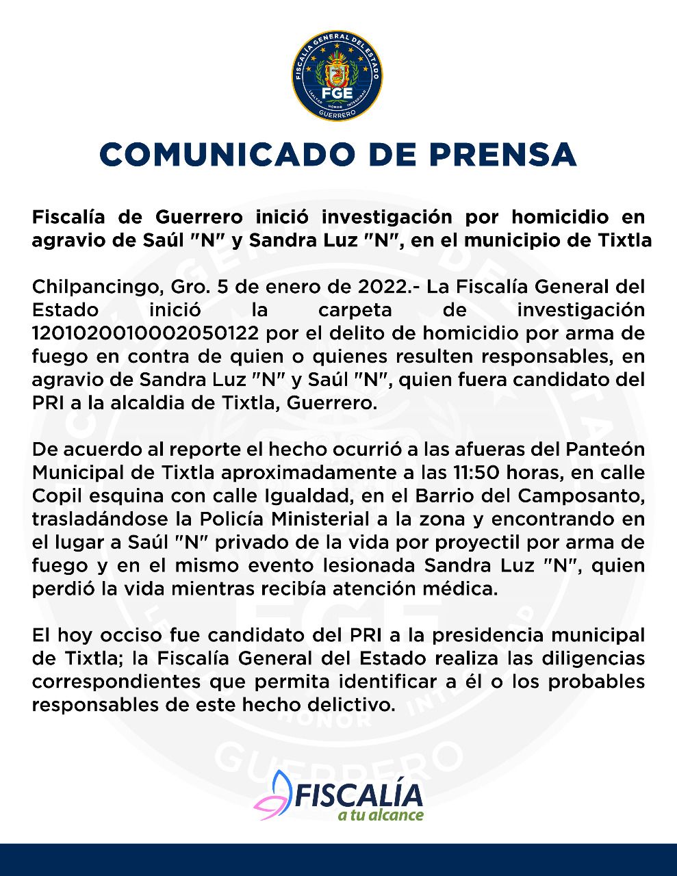 Fiscalía de Guerrero inició investigación por homicidio en agravio de Saúl "N" y Sandra Luz "N", en el municipio de Tixtla