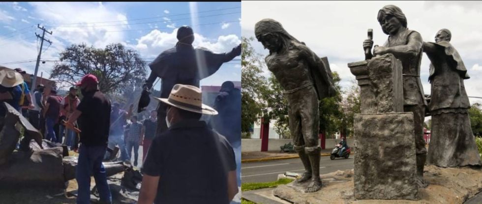 Detienen a activistas purépechas por derribar "monumento" que los retrata como esclavos 