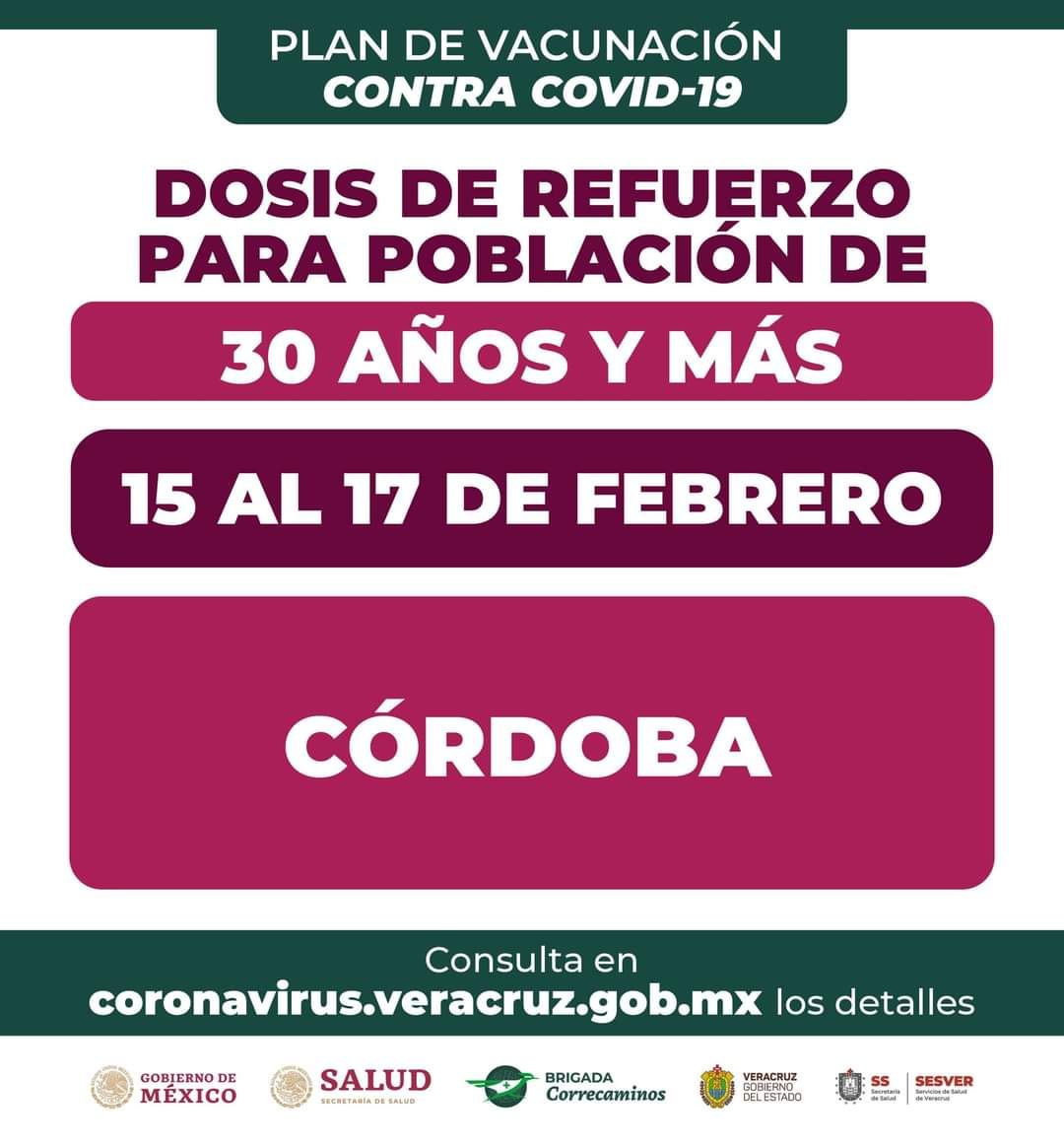 Vacuna de refuerzo de 30 años en adelante para Córdoba, Huatusco y Fortín