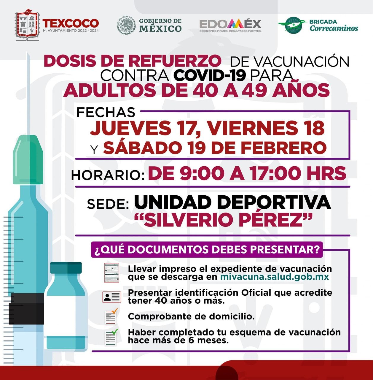                                                                                                    Vacunación en Texcoco para rezagados y adultos de 40 a 49  y de 30 a 39 años