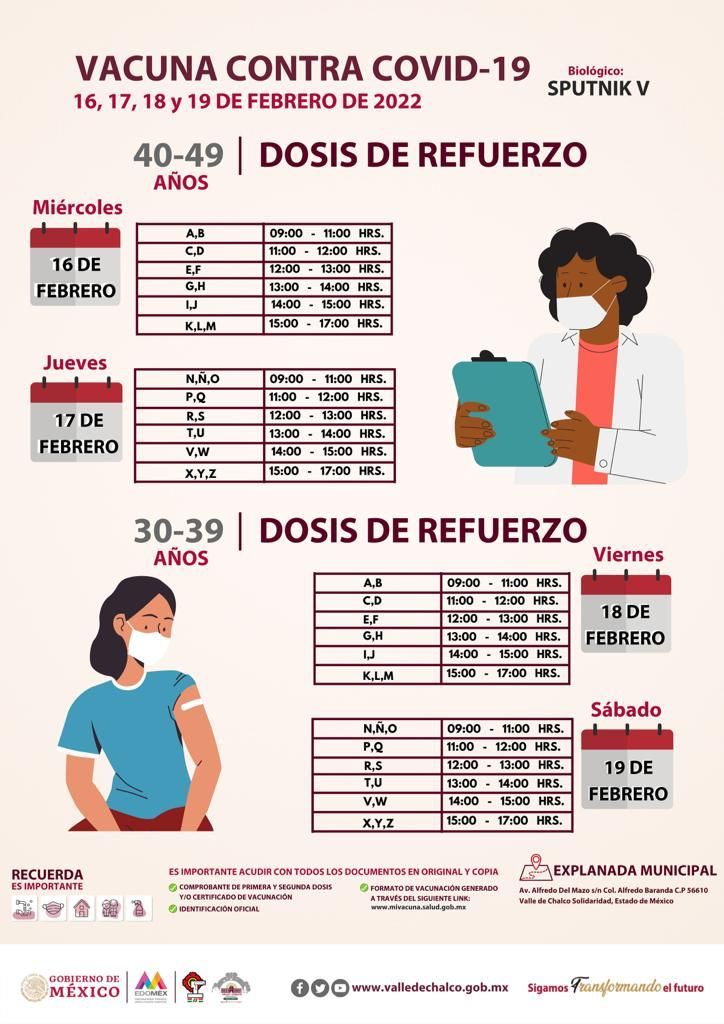 Valle de Chalco aplicará la dosis de refuerzo de la vacuna contra el covid-19 a personas de 30 a 49 años, del 16 al 19 de febrero