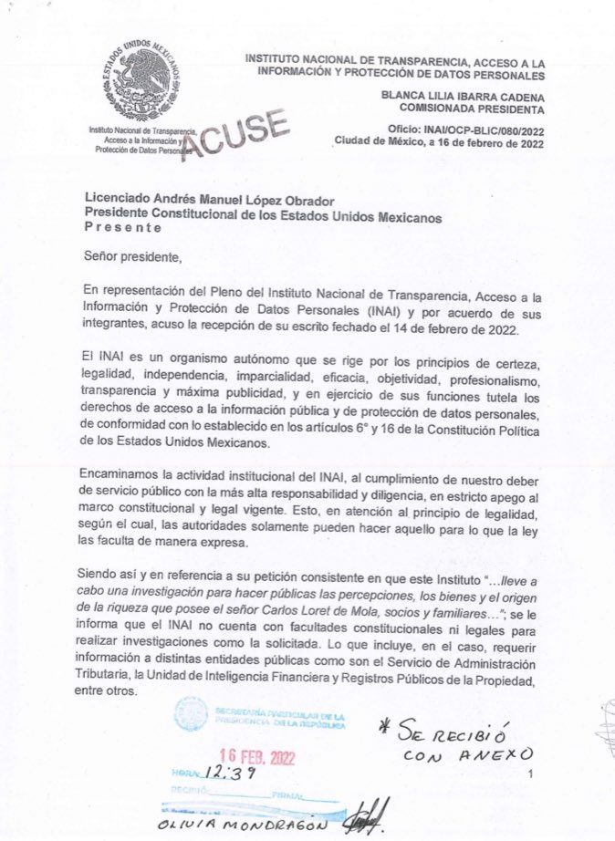 El INAI rechazó la solicitud del Presidente de investigar los bienes y el origen de la riqueza del periodista Carlos Loret de Mola