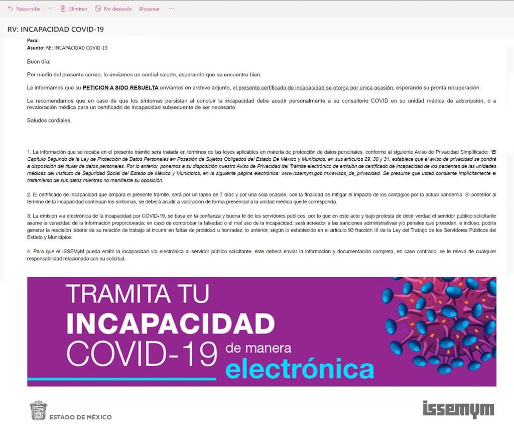 ISSEMyM continúa entregando incapacidades electrónicas por Covid-19
