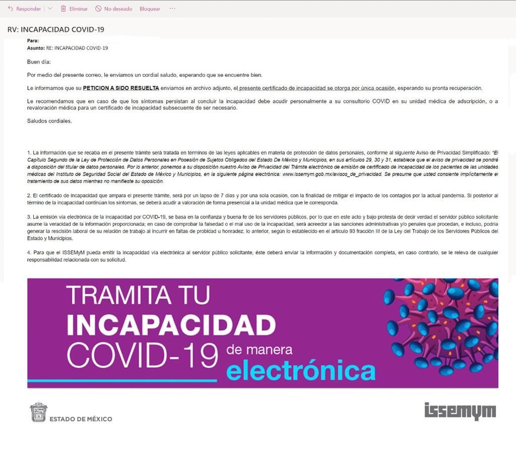 ISSEMyM continúa entregando incapacidades electrónicas por Covid-19