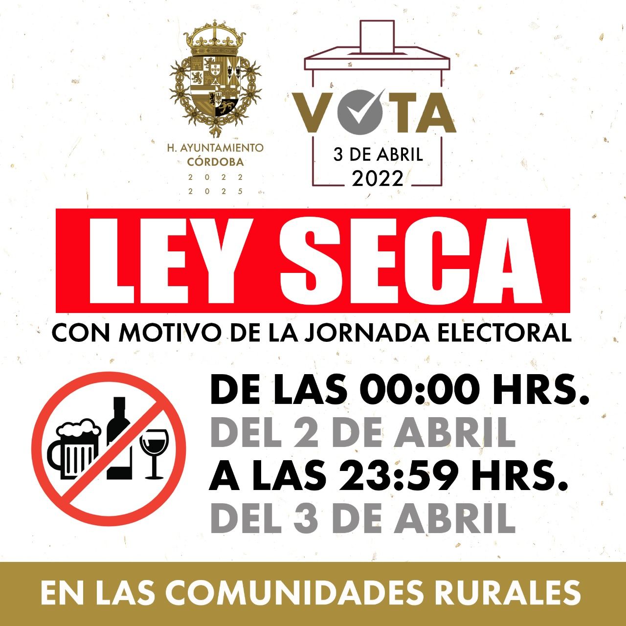 Inicia este sábado la ley seca en 39 comunidades de Córdoba
