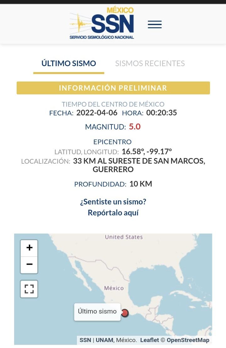 Preliminar: SISMO Magnitud 5 Loc. 33 km al SURESTE de SAN MARCOS, GRO 06/04/22 00:20:35 Lat 16.58 Lon -99.17 Prof 10