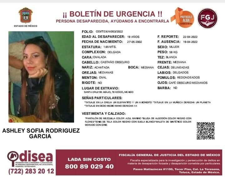 Se busca a Ashley Sofía Rodríguez García extraviada en Santa Cruz de Abajo, Texcoco