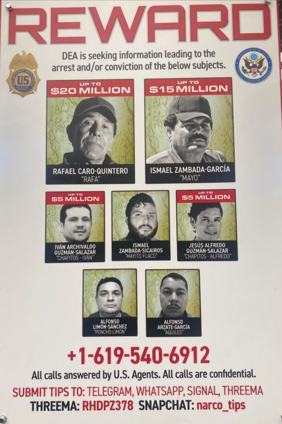 DEA ofrece millonarias recompensas por miembros del Cártel de Sinaloa
