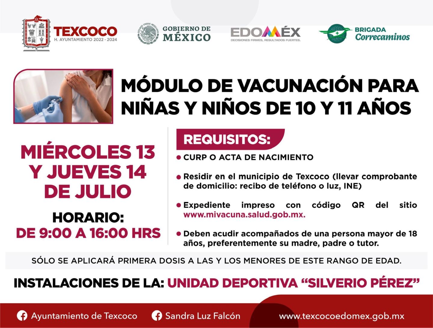 Miércoles 13 y jueves 14 de julio del 2022, se vacunará únicamente a menores de 10 y 11 años de Texcoco 