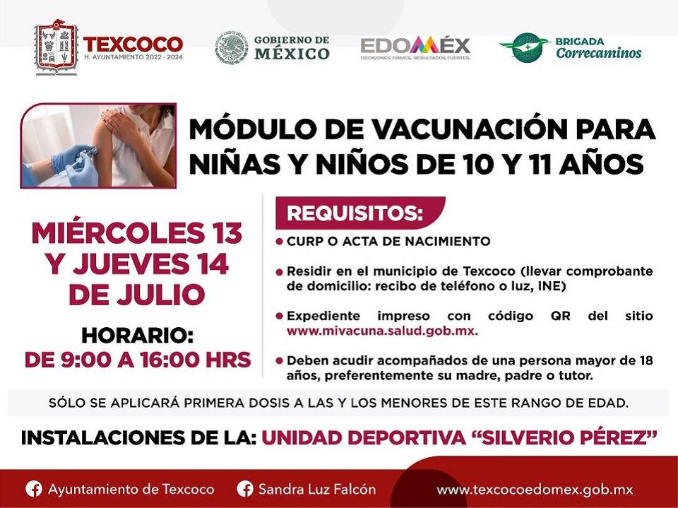 Se vacunará miércoles 13 y jueves 14 de julio en Texcoco