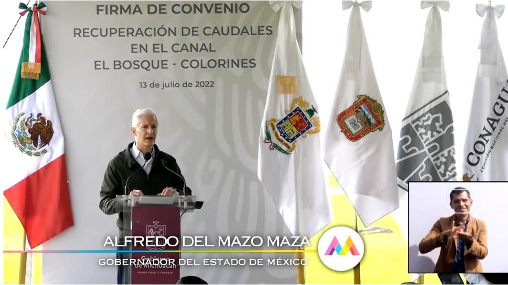 Alfredo del Mazo en la firma del Convenio ’Recuperación de Caudales en el Canal El Bosque-Colorines’, desde Zitácuaro, Michoacán.
