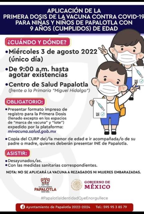Gobierno de Papalotla anuncia  vacunación contra el covid para niños y niñas de 9 años 