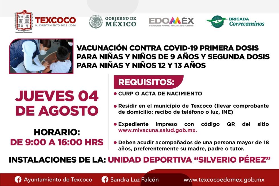 04 de agosto vacunación contra Covid-19 a niños de 9 años en Texcoco