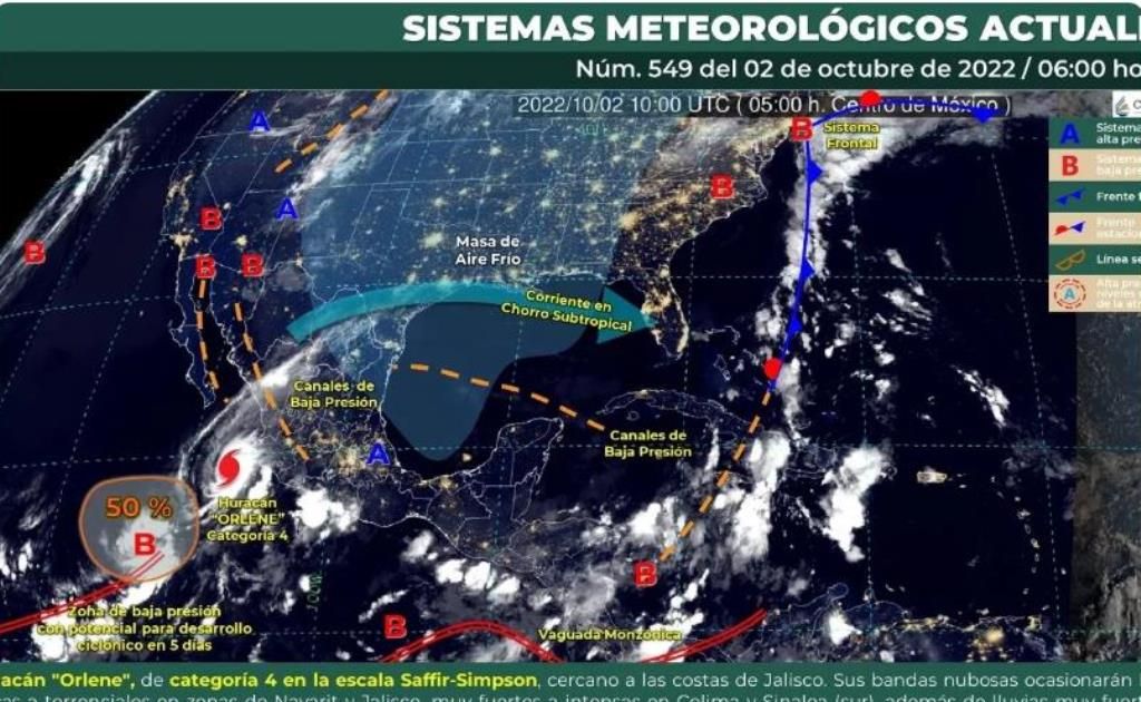 El huracán mayor Orlene ocasionará lluvias puntuales torrenciales en Nayarit y Jalisco