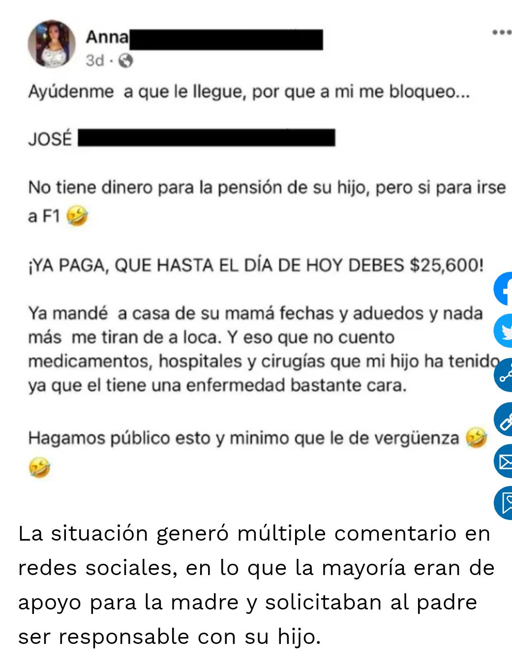 Madre exhibe a papá por no pagar pensión y tener para ir al GP de México