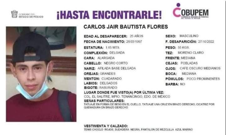 
En Tenancingo familiares y amigos buscan a Carlos Jair que desapareció desde el 27 de octubre
