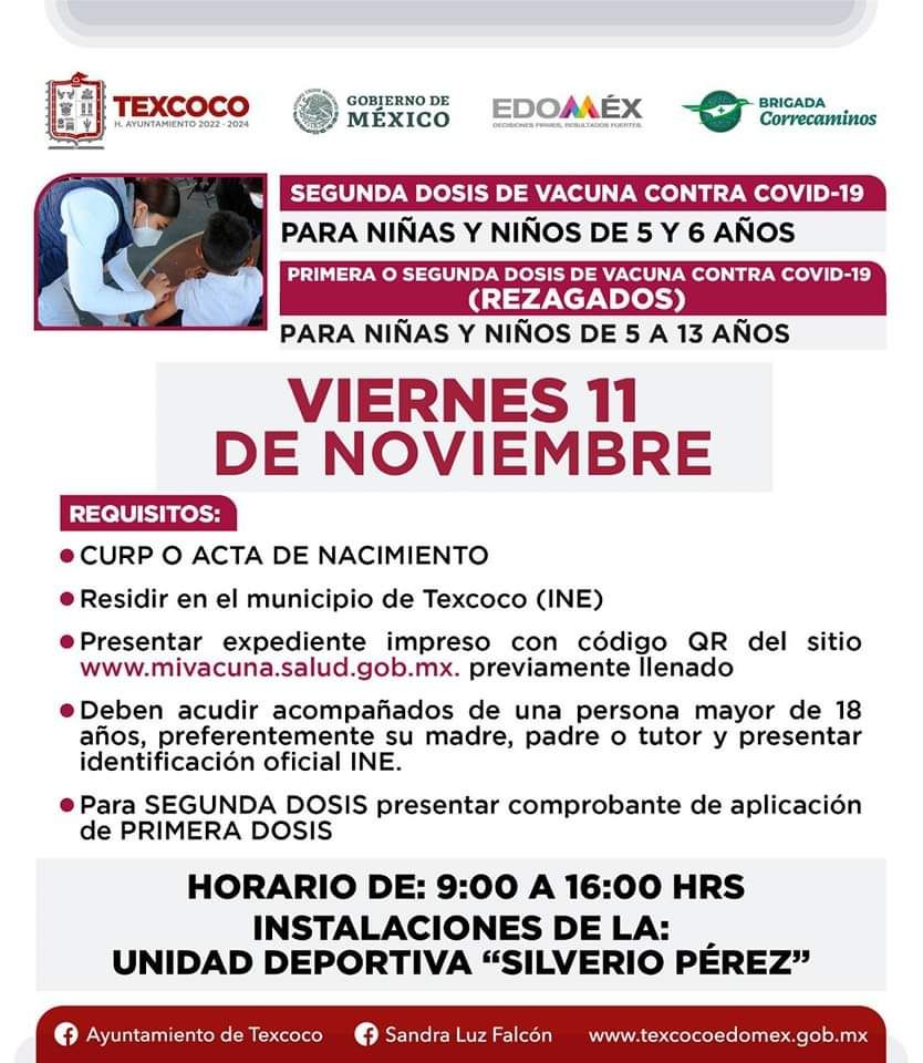 En Texcoco viernes 22 de noviembre habrá vacunas para menores de 5 a 13 años 