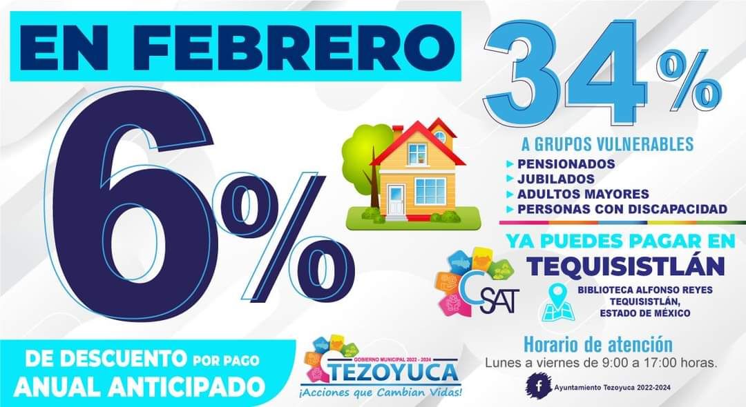 Febrero el 6% de descuento en pagos de predio en Tezoyuca 