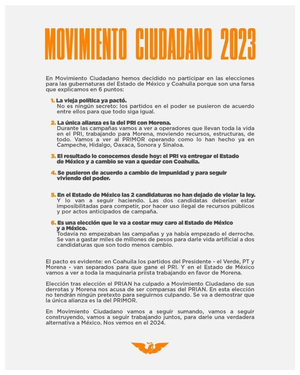 Movimiento Ciudadano confirma que no participará en elecciones del Edoméx y Coahuila 