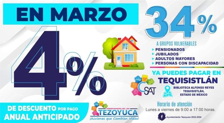 Último mes de Marzo el 4% de descuento predial en Tezoyuca.