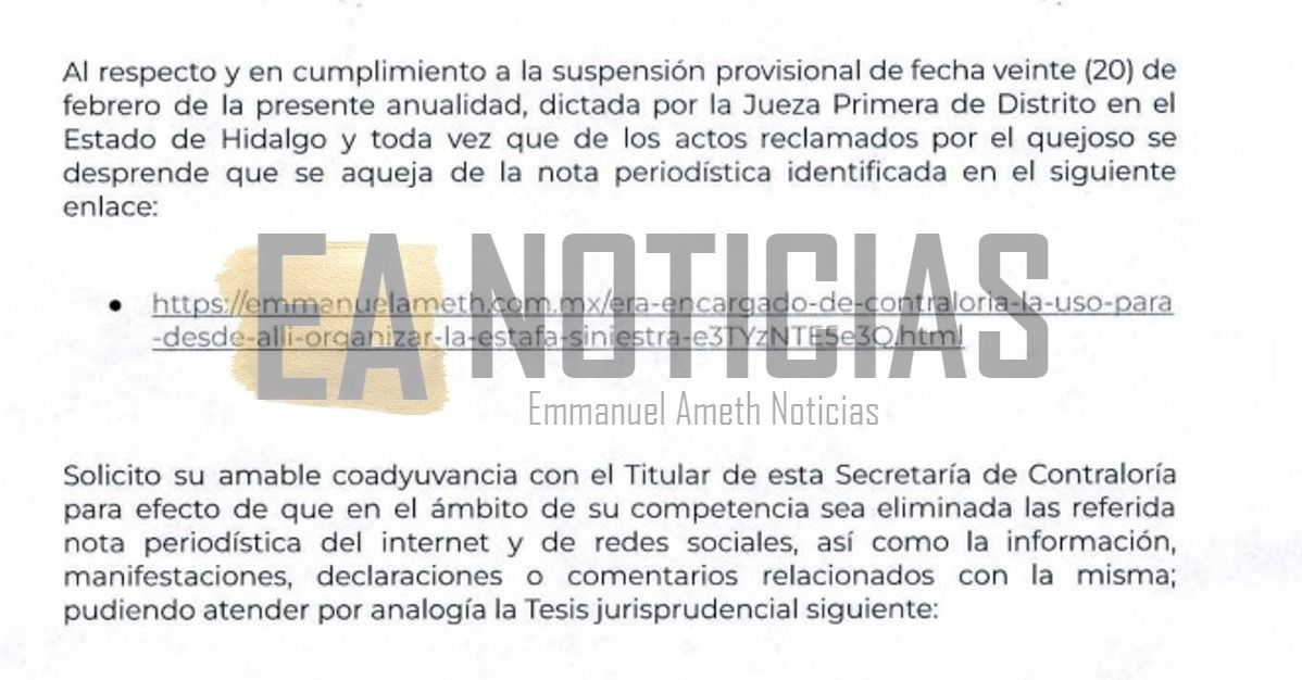 Acata EANoticias solicitud de coadyuvancia promovida por la Contraloría del gobierno de Hidalgo