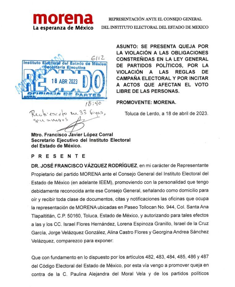 Presenta MORENA queja contra Alejandra del Moral, pide ’sanción ejemplar’ por incitar al fraude electoral en Edomex