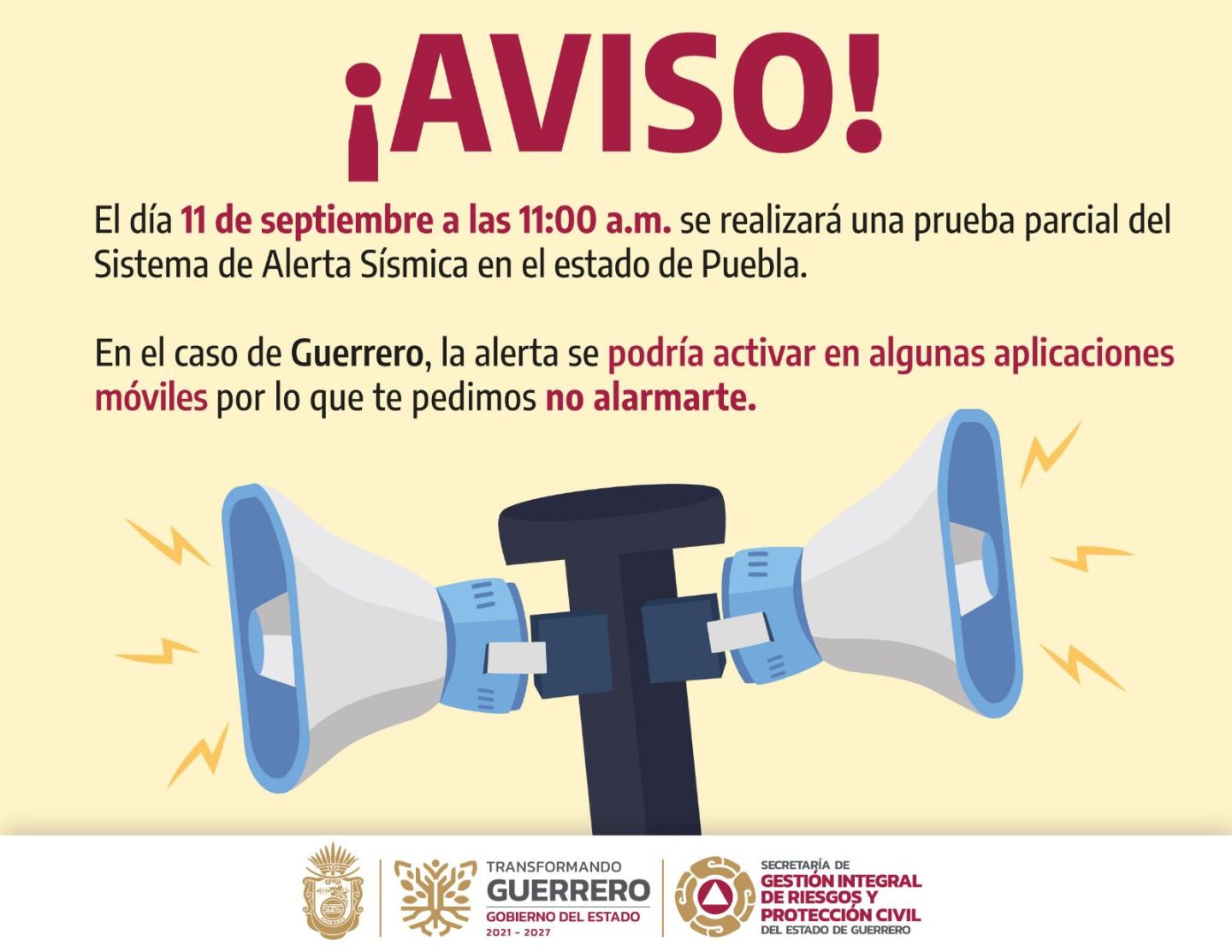 SGIRPCGRO informa que se realizará prueba parcial del sistema de alerta sísmica en el estado de Puebla